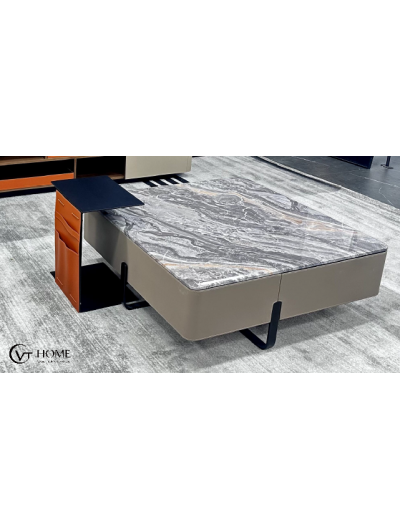 A33彩晶石茶几+马鞍皮边几